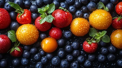 Obraz premium Vibrant healthy food background featuring a colorful array of fresh fruits, crisp vegetables, and organic ingredients artfully arranged to evoke a modern, natural, and wellness-inspired vibe