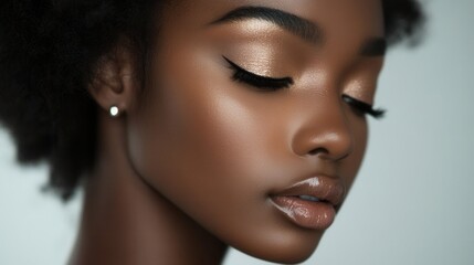 Elegant Close-up of Woman with Natural Makeup Showcasing Radiant Skin and Eye Makeup in Soft Lighting