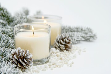 Elegantly arranged holiday candles with pine cones and greenery on a white background