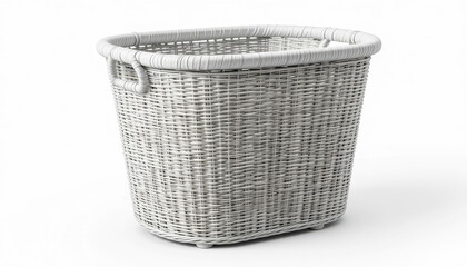 An oval-shaped white wicker basket with handles and woven design