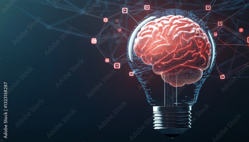 Poster a modern technology-inspired image with a luminous brain in a virtual light bulb, surrounded by futu