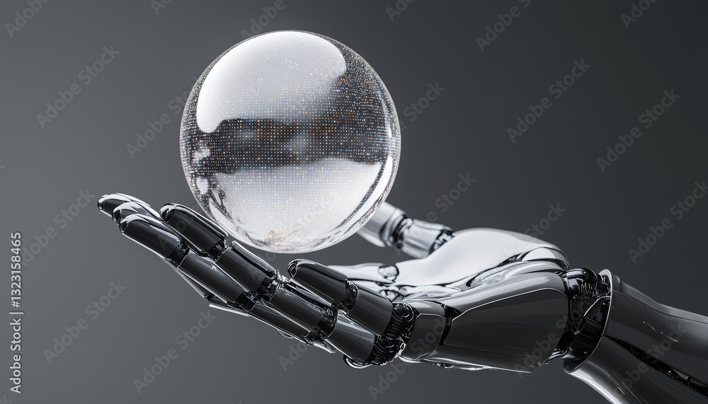 Poster a futuristic representation of ai technology, with a robotic palm showcasing a pulsating digital int