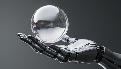 A futuristic representation of AI technology, with a robotic palm showcasing a pulsating digital intelligence sphere