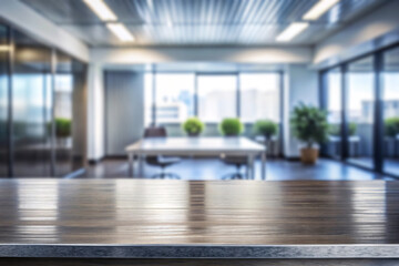 table top with blurred empty office room background can be used for mocking up or display product to make advertising	