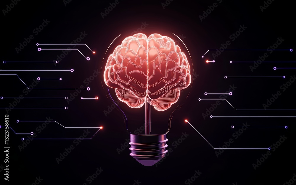 Poster a futuristic digital concept featuring a glowing brain inside a neon light bulb, surrounded by data 