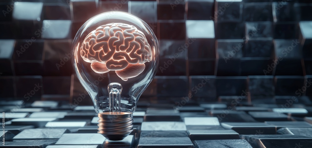 Poster an artificial intelligence and innovation theme with a holographic brain floating inside a transpare