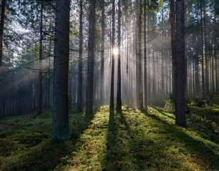 Obraz premium dense forest in autumn with colored leaves and sun shining through fog