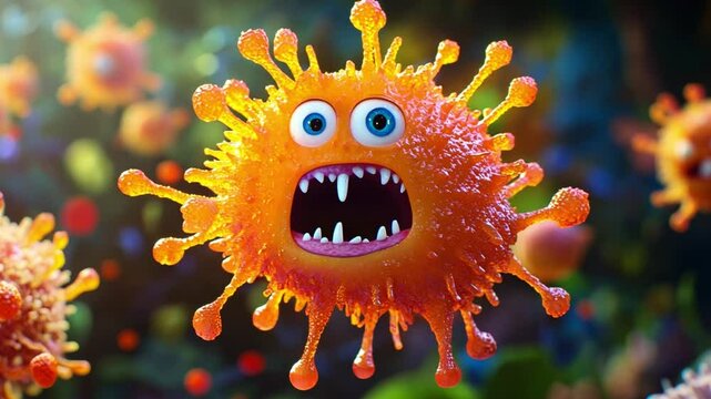 Menacing Microbe: A vibrant, cartoonish illustration of a menacing microbe with sharp teeth, and glaring eyes. It floats in a blurry background of other microbes.