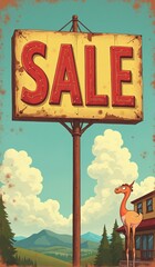 "Vintage Cartoon 'SALE' Sign Illustration: Retro 1930s Style with Fun Typography and Film Grain"