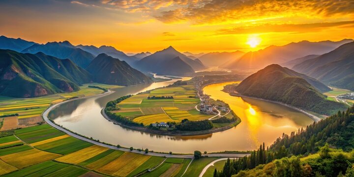 A breathtaking sunrise over the winding path of the Yellow River, which cuts through the heart of Sichuan Province's picturesque countryside , winding path, yellow river