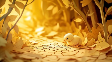 A baby chick hiding under a few fallen leaves, trying to escape the blistering heat of a summer forest, while the ground around it cracks from dryness.