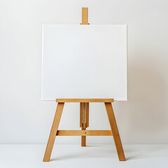 A simple canvas on a wooden easel, displaying a blank surface, set against a white background