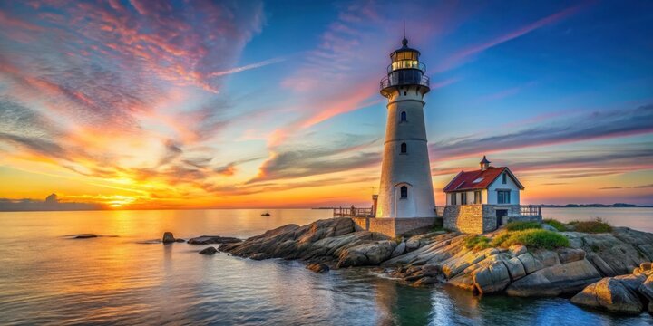 A majestic lighthouse stands tall against a serene sky at sunrise in Marblehead Massachusetts, New England, Marblehead Lighthouse Sunrise