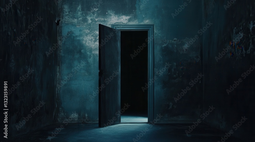Aufkleber mysterious open door in a dark room with dim light and weathered walls inviting exploration and intr
