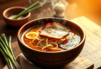 Cozy bowl of steaming hot Ramen with savory broth and juicy pork belly