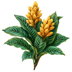 Obraz premium Tropical Golden Flowers and Lush Green Leaves Plant on White Background ,Png 
