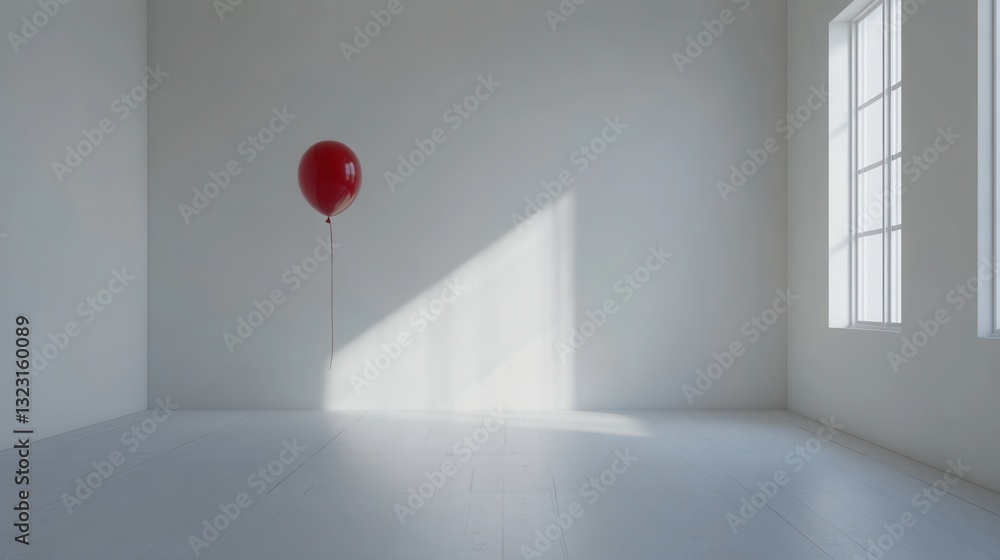 Poster red balloon floating in a minimalist white room with sunlight streaming through the window