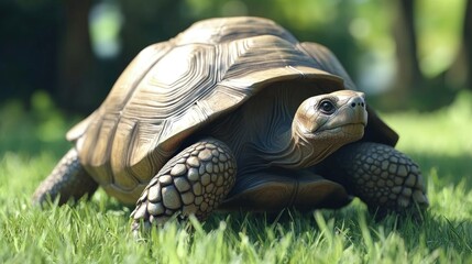 Fototapeta premium A Large Tortoise Walks Slowly Through Green Grassy Outdoor Surroundings