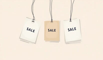 "Minimalist Flat-Lay Illustration of SALE Sign Tags with Soft Shadows and Monochrome Design"