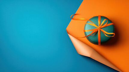 Person holding a vibrant green and orange gift box on a minimalist background for celebratory marketing concepts