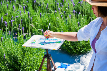 Woman Painting in Lavender Field - Outdoor Artistic Expression