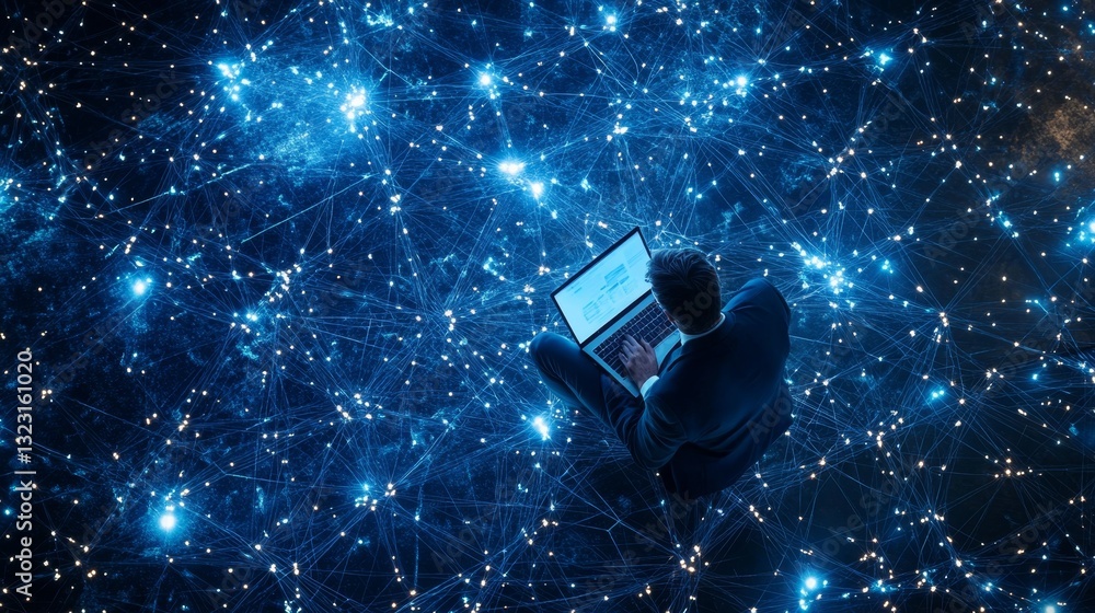 Aufkleber top down view of a sleek blue network structure with technology elements