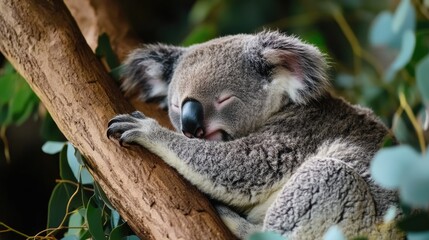 A sleeping koala rests comfortably on a tree branch peacefully