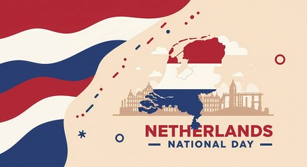 5th of May Banner Vector illustration, Netherlands flag waving with stars on white rays background.