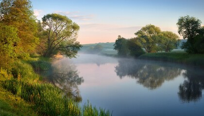 Fototapeta premium misty morning river scene with trees on the banks