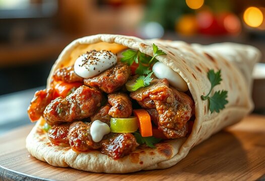 Delicious Shawarma sandwich with crispy laffa, fresh vegetables, and creamy tzatziki sauce
