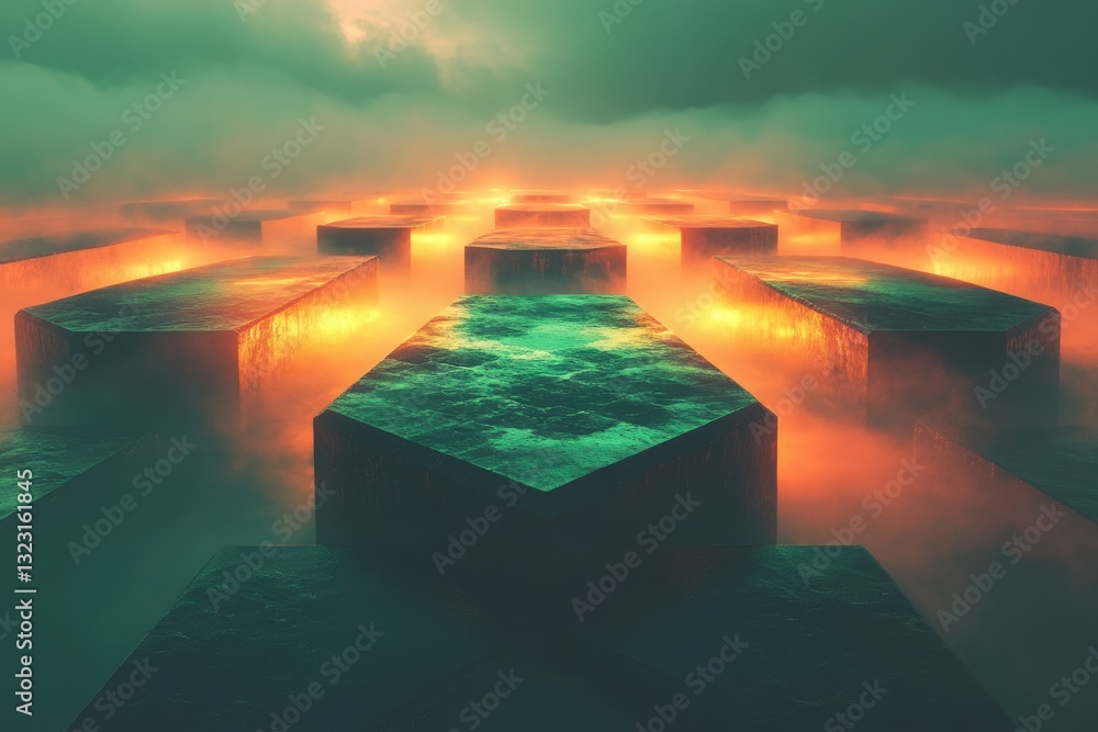 Poster mysterious, glowing hexagonal structures recede into a foggy, orange and green landscape.