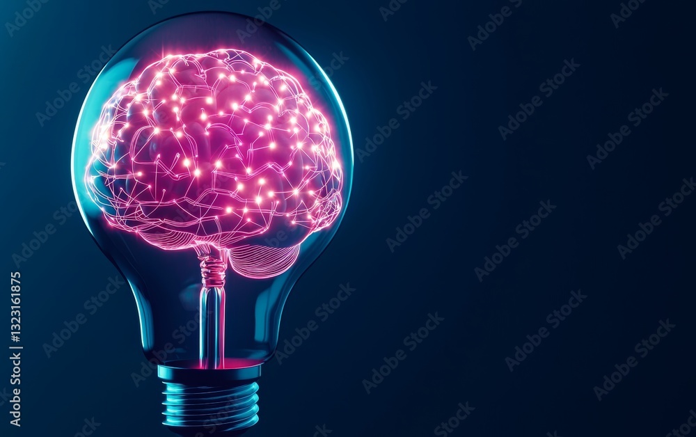 Poster a concept of artificial intelligence and deep learning, featuring a digital brain encased in a neon 