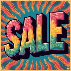 "Retro 'SALE' Poster: Vibrant 1970s Typography with Psychedelic Colors and Groovy Patterns"