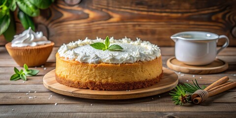 Delicious cake with coconut and ricotta topping on a wooden table, kitchen decor, dessert,  kitchen decor, dessert, sweet treat