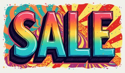 "Groovy 1970s Inspired SALE Sign Poster with Colorful Psychedelic Typography and Rainbow Gradients"