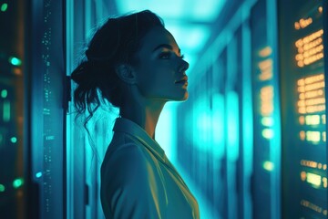 Obraz premium A woman stands in profile, gazing at a server room bathed in teal light, embodying technological prowess and mystery.