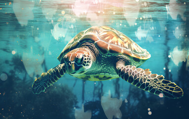 Fototapeta premium Magical Underwater Sea Turtle and Marine Tribe Native Life