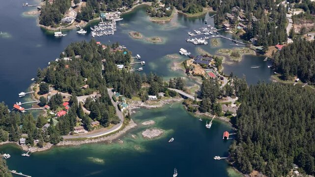Sechelt, British Columbia, Canada, Aerial View of Coastal Homes, Islands, and Boats on the Sunshine Coast.