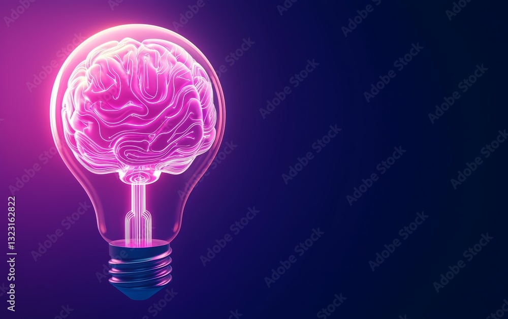 Poster a concept of artificial intelligence and deep learning, featuring a digital brain encased in a neon 