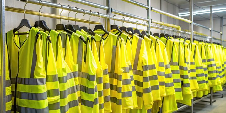Protective yellow vests hanging on matching hangers in a storage room, protective gear, yellow vest