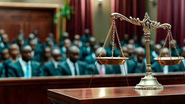 Justice on Display: An artistic shot of justice scales standing out in a courtroom, capturing the essence of balance and impartiality. The blurred background of lawyers adds depth to the scene.