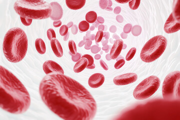 Close-up view of red blood cells flowing through vein, highlighting intricate medical and biological details.