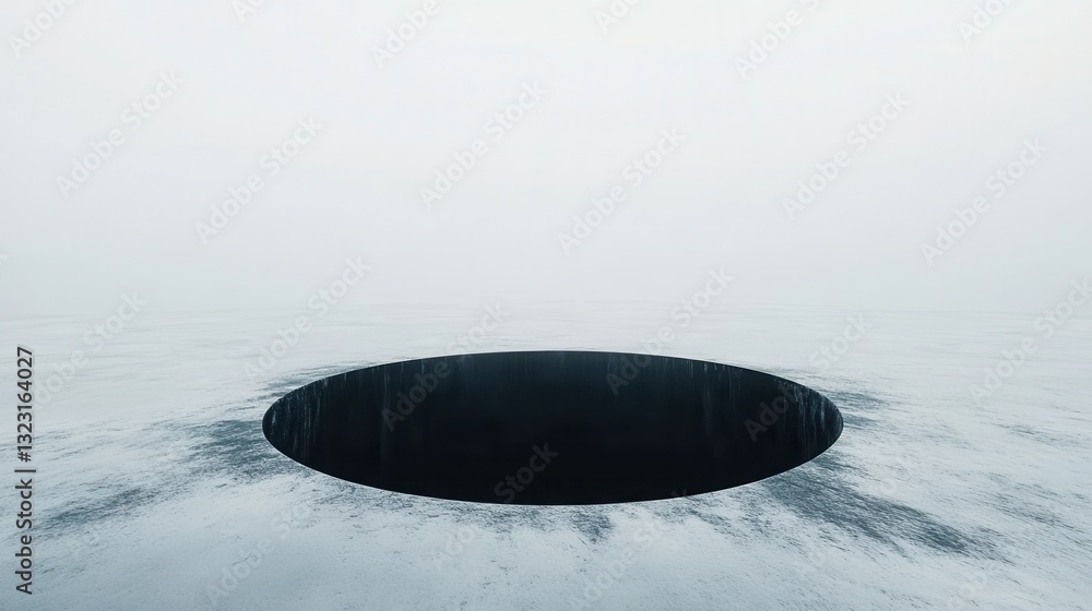 Poster mysterious circular abyss in a foggy landscape with soft light and ethereal atmosphere