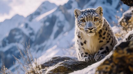 Obraz premium A beautiful snow leopard sitting on a rocky mountainside in nature