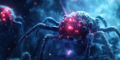 Futuristic spider creatures dark underworld digital art sci-fi realm close-up intricate bioluminescence