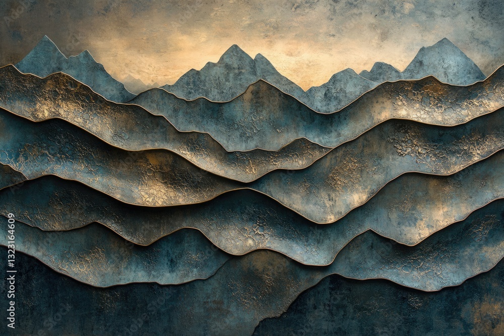 Poster abstract layered mountain landscape in teal and gold, textured with a metallic effect.