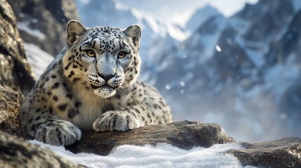 Obraz premium A Snow Leopard Resting Amongst Snowy Mountains and Rock