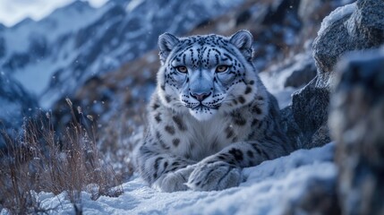 Obraz premium A magnificent snow leopard rests amidst snow covered mountainous terrain