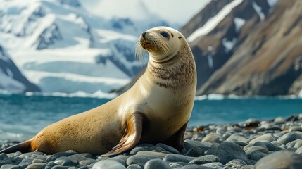 Fototapeta premium A sea lion looks up while on a rocky beach landscape