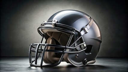 Fototapeta premium Isolated American Football Helmet with a glossy finish sitting atop a dark grey background, surrounded by sharp edges and clean lines, sports gear, sports equipment